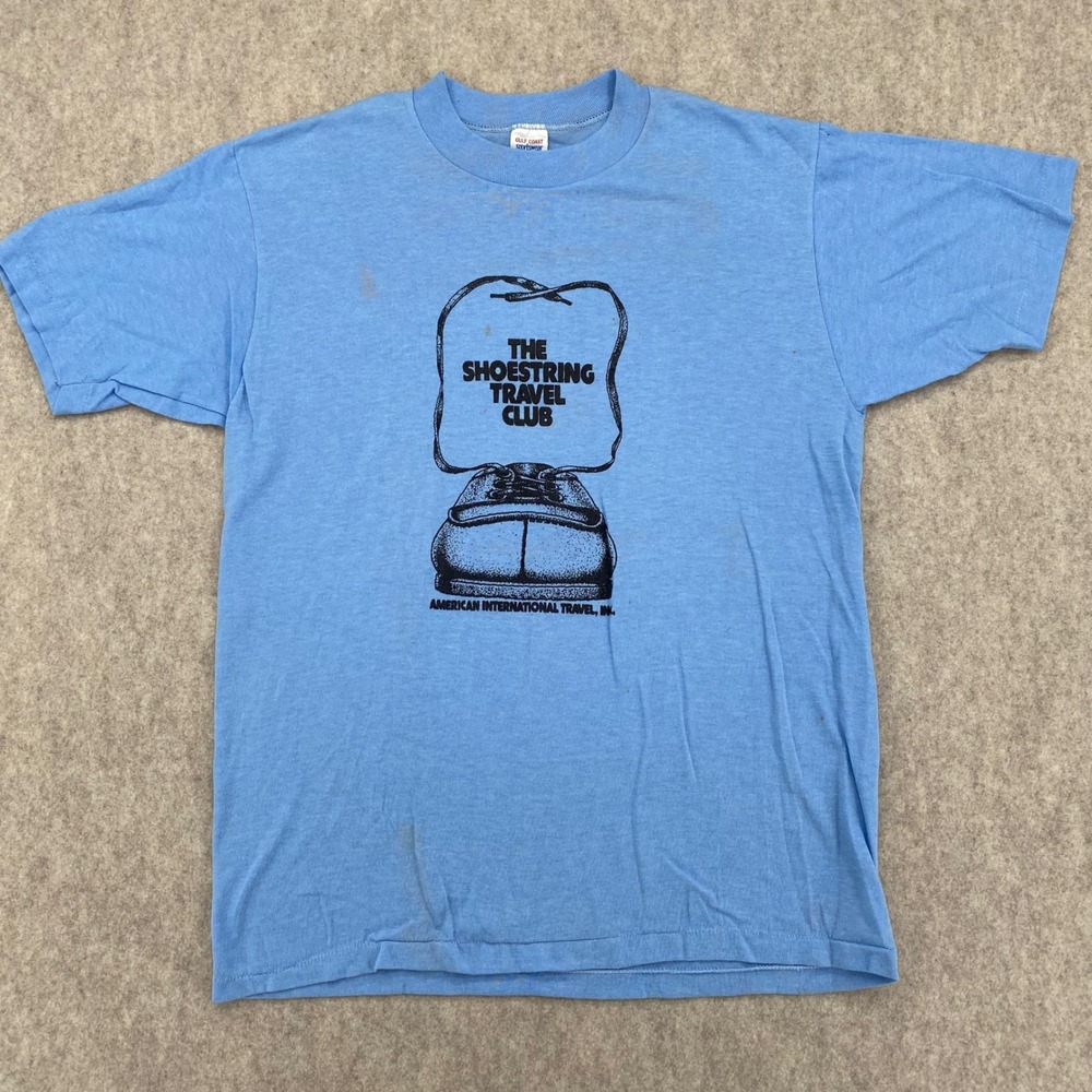 Vintage Shoestring Travel Club Shirt Blue Large 50/50